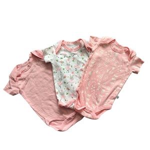 Pink, White, Green, and Gray Bundle of 3 Honest Onesies. 100% Organic Cotton.
